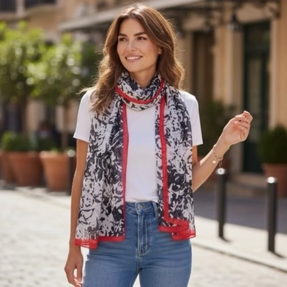 Calvin Klein Black White Red Floral Abstract Chiffon Scarf Wrap 72x28